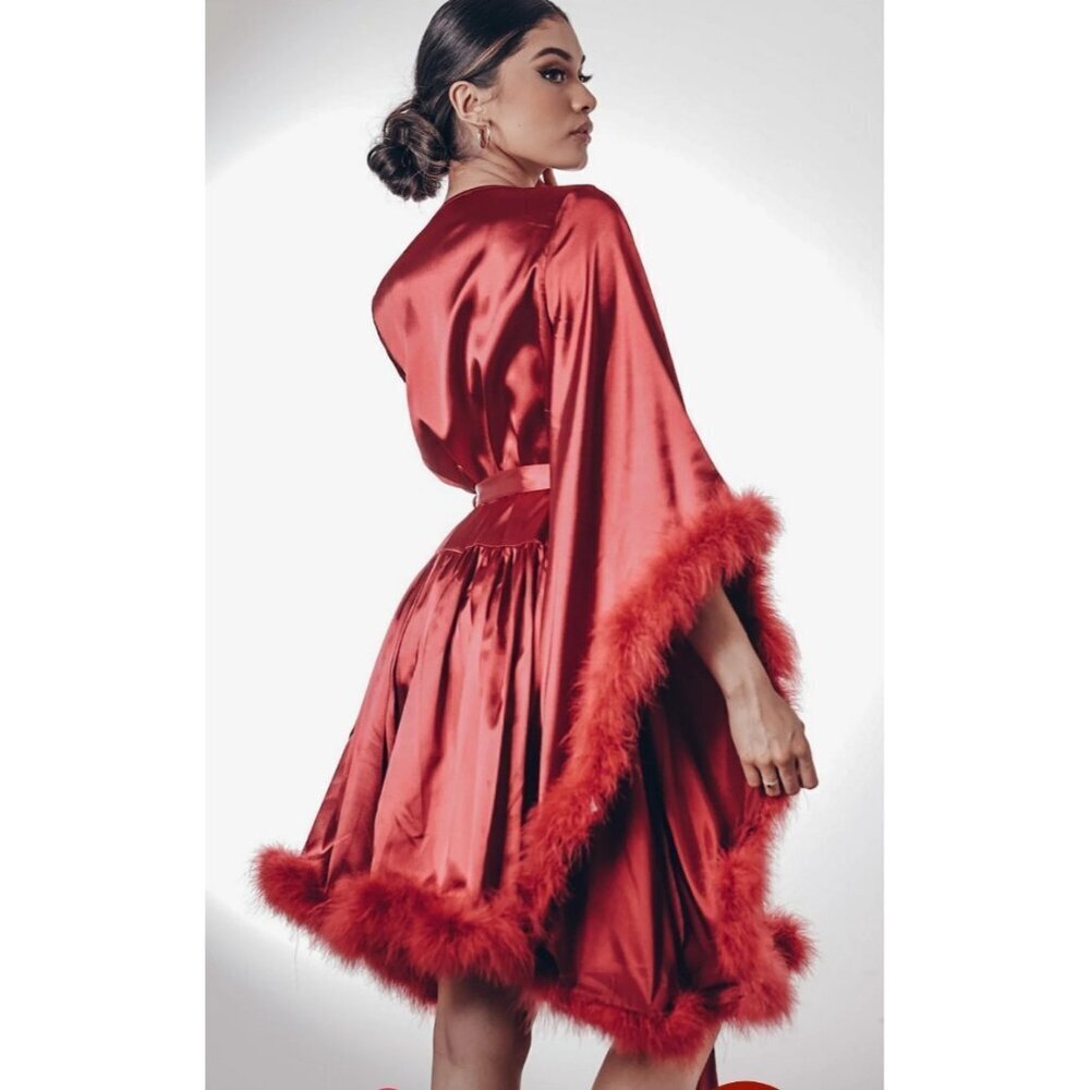 Solistawear Valentina Red Satin Robe Feather Trim Luxe Wrap – Solista W Size L - Picture 11 of 12